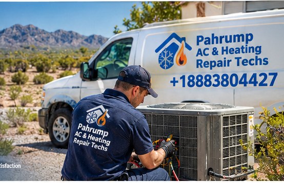 HVAC technician working beside an outdoor air conditioning unit in a desert climate